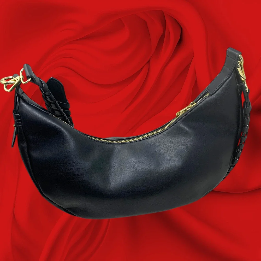 NWT Jules Kae Zola Black Vegan Leather Crescent Hobo Shoulder Bag Braided Strap